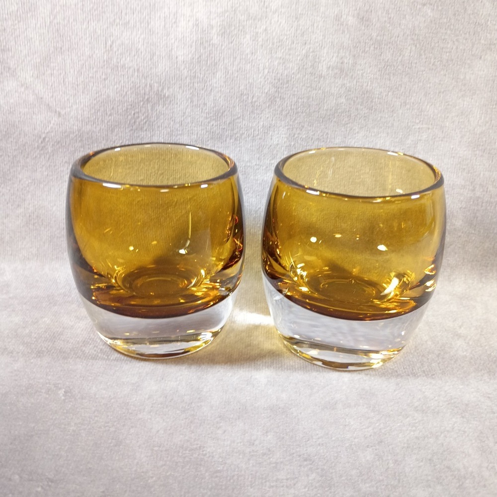 2 CRATE‎ & BARREL Diva Amber Hand Blown Glass Votive Candle Holders Made Poland